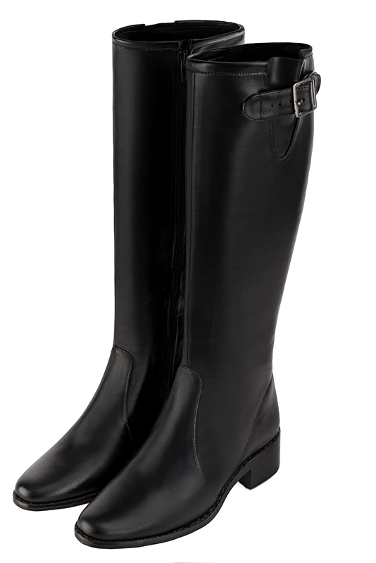 Satin black women's knee-high boots with buckles. Round toe. Low leather soles. Made to measure. Front view - Florence KOOIJMAN